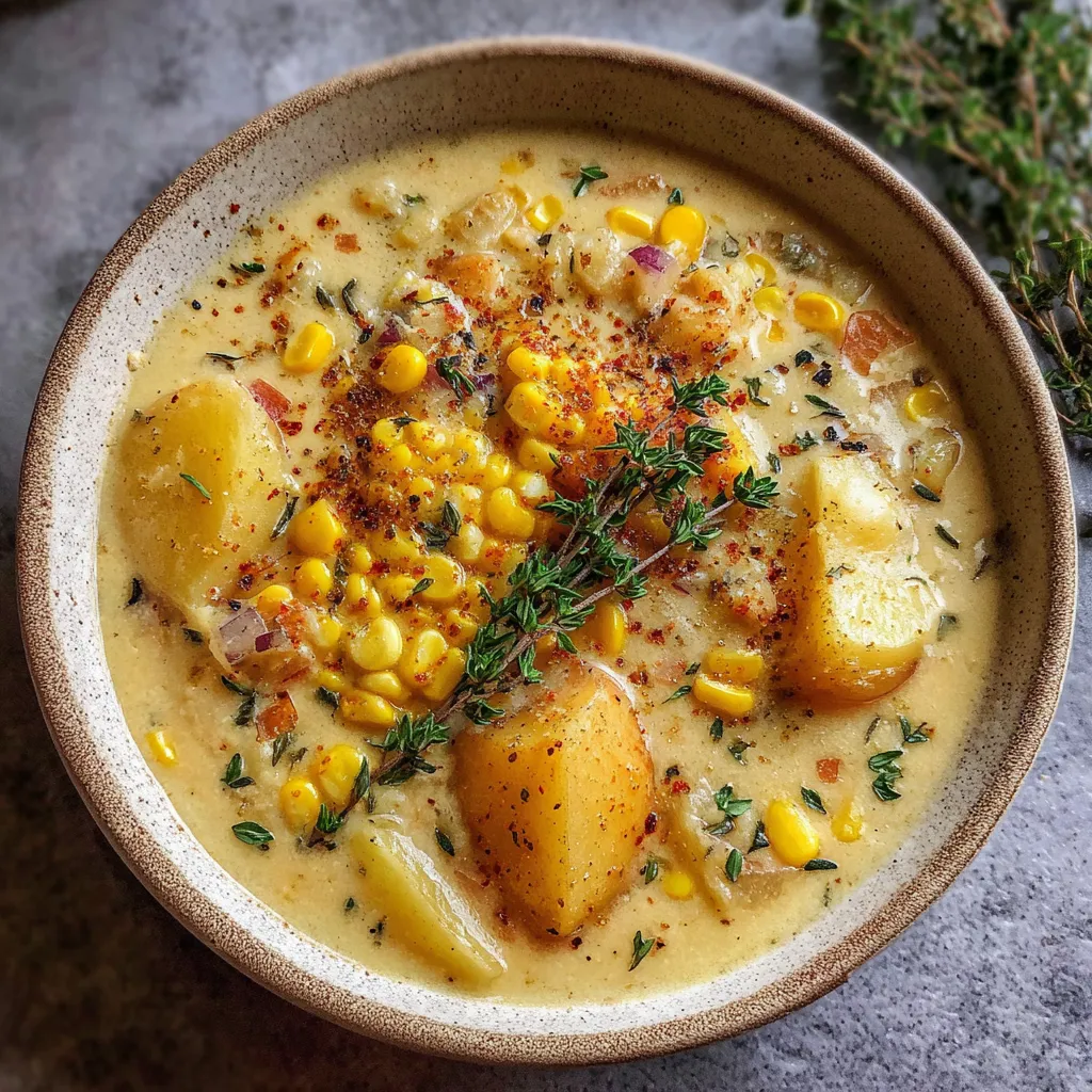 Creamy Vegan Corn Chowder with Hearty Potatoes and Fresh Thyme