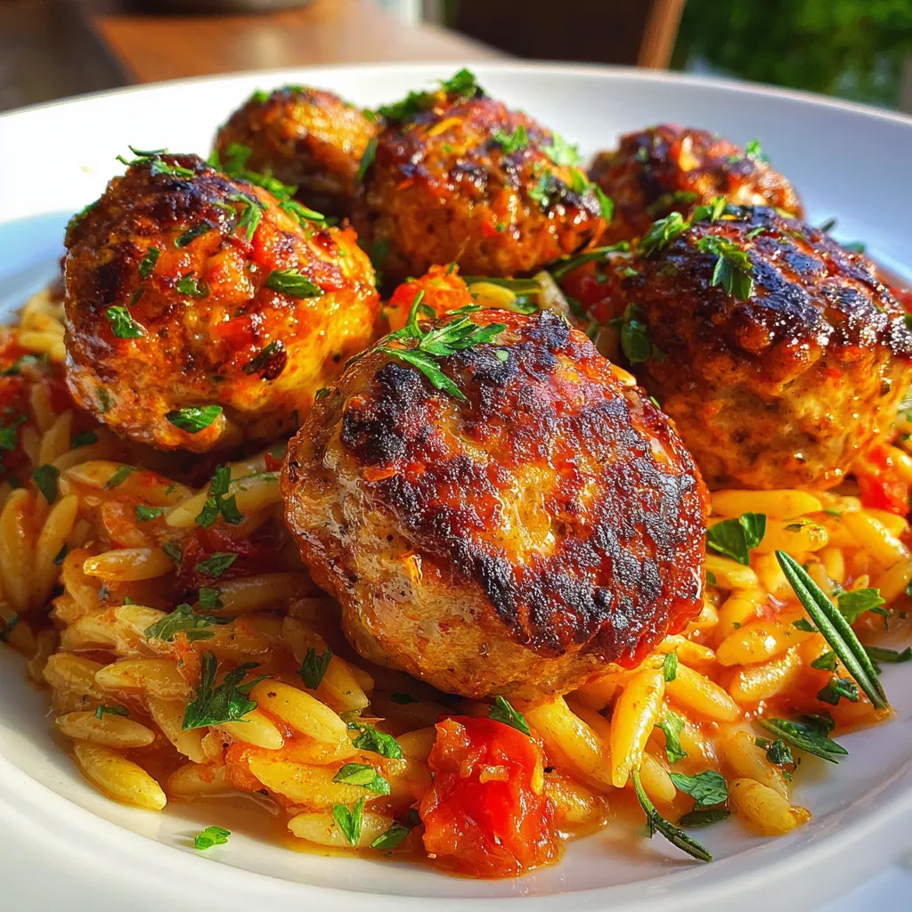 Baked Rosemary Chicken Meatballs with Tomato Orzo