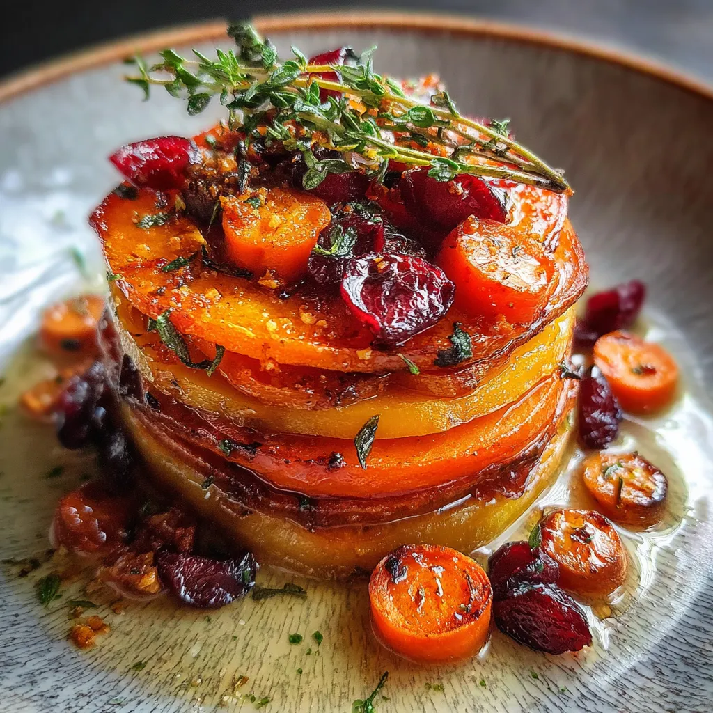Layered Sweet Potato, Squash & Carrot Bake with Cranberry-Honey Drizzle