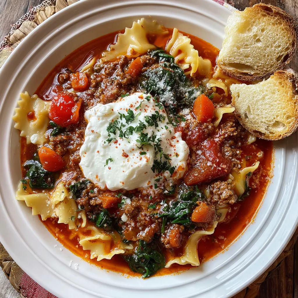 Rich Comforting Lasagna Soup with Bubbly Ricotta Cheese