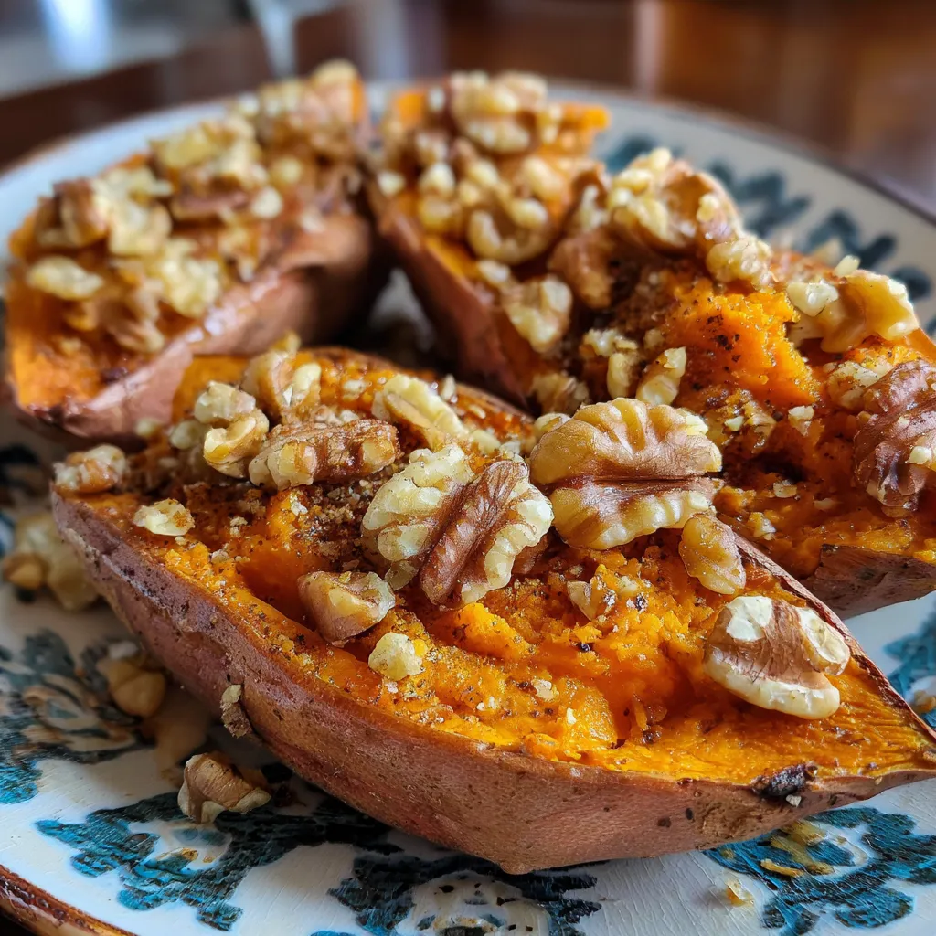 Twice Baked Sweet Potatoes with Maple and Walnuts