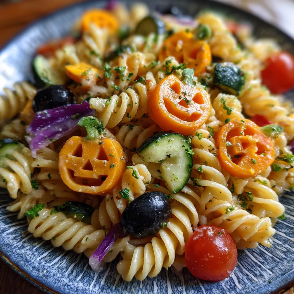 Spooky Halloween Pasta Salad with Jack-O’-Lantern Cucumbers